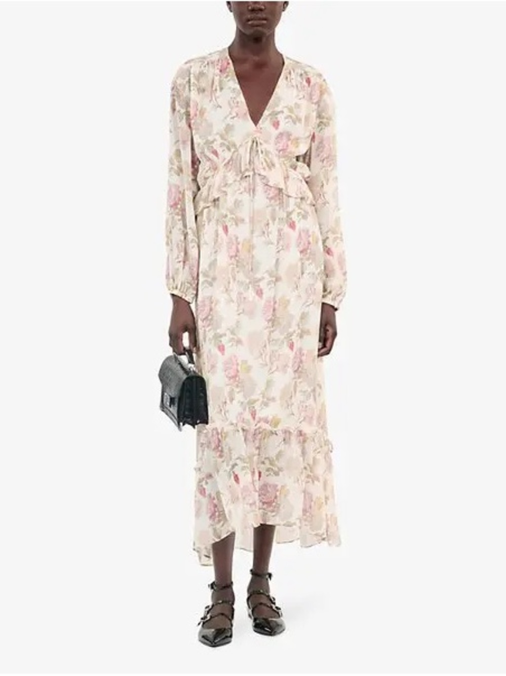 NWT $715 The Kooples [ SZ 3 ] V Neck Printed Floral Silk Midi Dress Beige